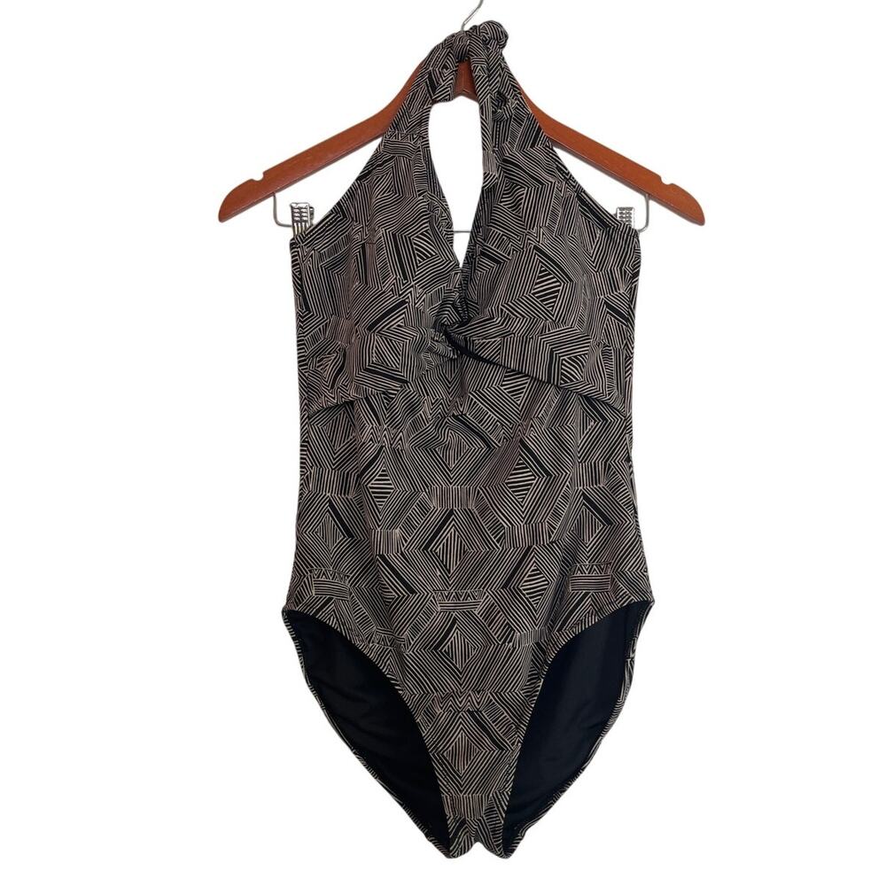Garnet Hill Womens Geometric Print Halter Neck One Piece Swimsuit Sz 8 Black Tan